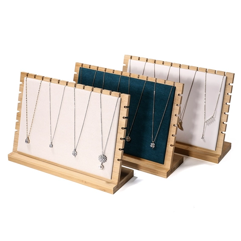 Necklace Display Stand Bamboo Wood Jewelry Organizer Board Multiple Slots Velvet PU Leather Pendant Holder Showcase