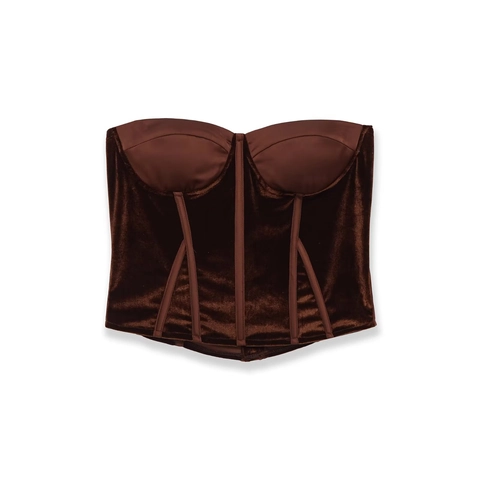 Fluwelen Corset Top En Pailletten Maxi Rok Met Baleinen Satijn Patchwork Slim Fit Party Clubwear Street Style Dames Bruin