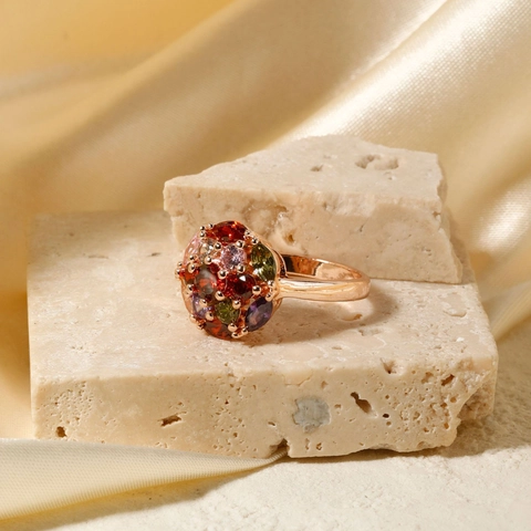 Runder Mehrfarbiger Cluster Zirkonia Kupferring Für Damen Roségold Galvanisiert Geometrischer Modischer Eleganter Schmuck