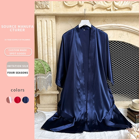 Albornoz De Satén De Satén Para Mujer Cuello En V Largo Medio Ropa De Dormir Con Cinturón Color Sólido Sedoso Loungewear Lujo