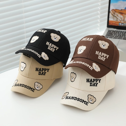 Kids Baseball Cap Cotton Blend Bear Embroidery Sun Protection Adjustable Casual Hat For Boys Girls