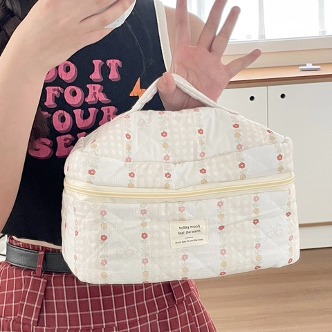 Trousse De Toilette Matelassée Motif Fleuri À Carreaux Organisateur De Maquillage Portable Sac De Lavage Voyage Femmes