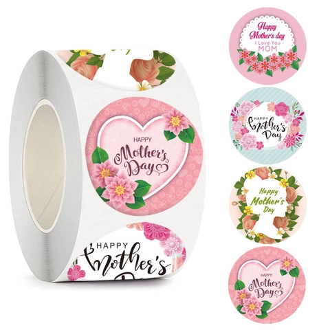 Runde Happy Mothers Day Kraftpapier Aufkleber Rolle Blumen Herz Druck Selbstklebende Geschenkverpackung Siegel Etikett Dekoration