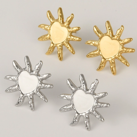 Stainless Steel Heart Sun Stud Earrings Women Irregular Hammered Starburst 18K Gold Plated Vacuum Plating Jewelry