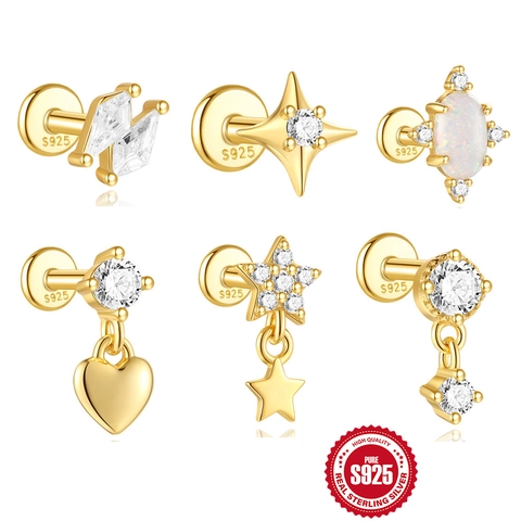 925 Sterling Silver Zirconia Opal Ear Cartilage Stud Earrings For Women Tiny Star Heart Piercing Body Jewelry Gold Silver Plated