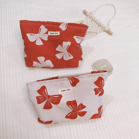 Bolsa De Cosméticos De Lona Con Estampado De Lazos Bolso De Mano Cremallera Organizador De Maquillaje Neceser De Viaje Rojo Blanco Estilo Festivo