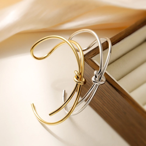 Knoten Manschette Armreif Edelstahl 18K Vergoldet Minimalistisches Geometrisches Offenes Armband Für Damen Eleganter Schmuck