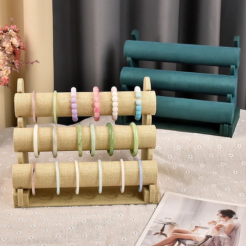 Jewelry Display Stand Velvet Linen Bracelet Holder Watch Organizer Tiered Bangle Rack For Hair Accessories Showcase