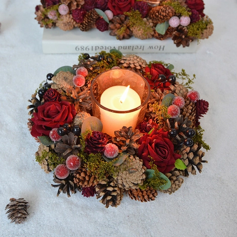 Christmas Pine Cone Candle Holder Wreath Vintage Rose Berry Centerpiece Desktop Decor Glass Cup For Holiday Table