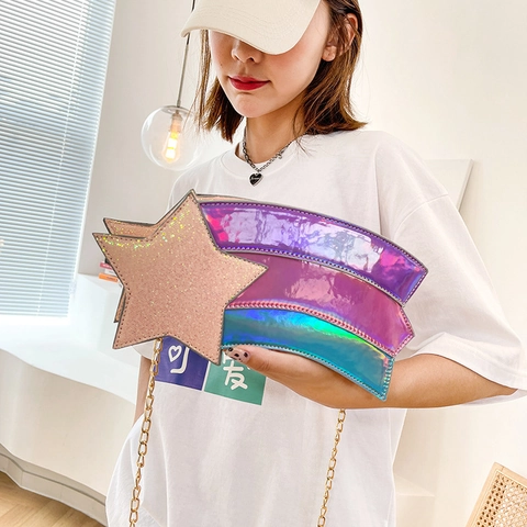 Sternform Regenbogen Umhängetasche Pailletten PU Leder Holographische Laser Goldkette Schultertasche Damen Mädchen