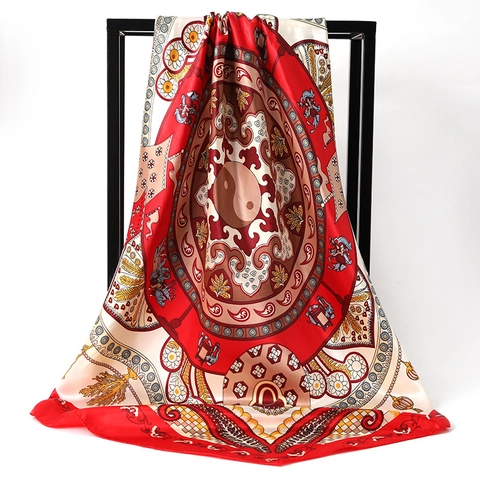 Foulard Carré en Satin Vintage pour Femmes Imprimé Floral Paisley Cheval Chaîne Grand Enveloppement Cou Tête Sensation Soie Accessoire Cheveux