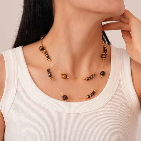 Collana A Doppio Strato Con Pietra Occhio Di Tigre Artificiale E Imitazione Perla Artificial Rame Geometrico Vintage Donna