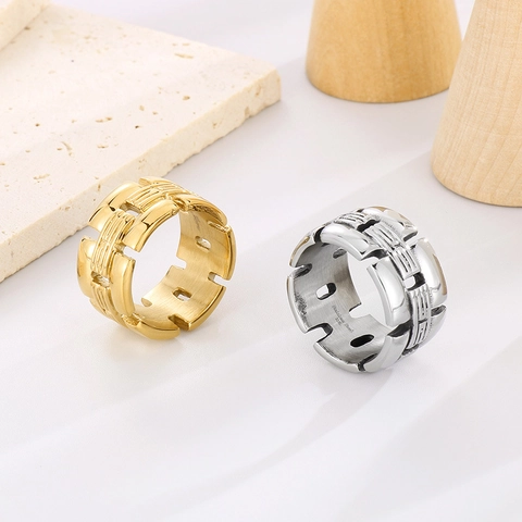 Men Ring 316L Stainless Steel Hollow Geometric Woven Industrial Mechanical Wide Band Vintage Retro Punk Fashion