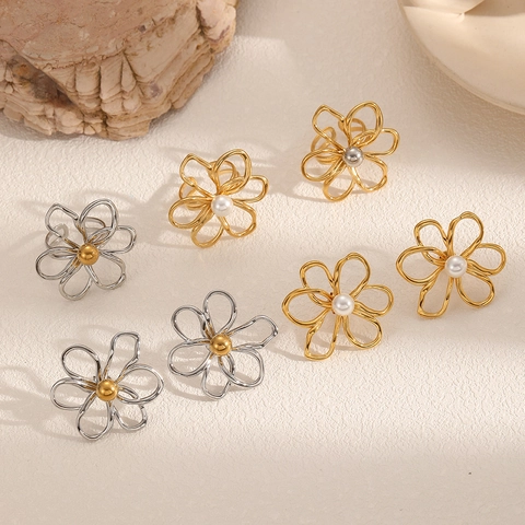 Floraler Schmuck Edelstahl Künstliche Perle Ohrstecker Und Verstellbarer Ring Minimalistischer Eleganter Stil Für Frauen