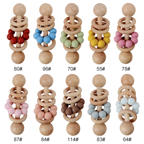 Baby Wooden Rattle Teether Silicone Beads Beech Wood Hand Grip Sensory Development Toy Infant Oral Health