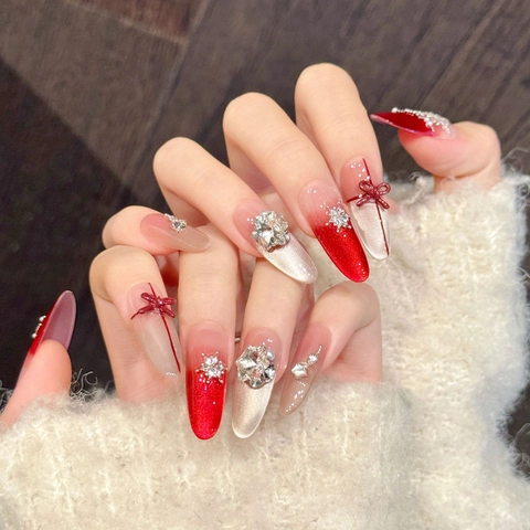 Handgefertigte Künstliche Nägel Lang Mandel Weihnachten Rot Katzenauge Mit 3D Bogen Strass Schneeflocke Winter Party Maniküre