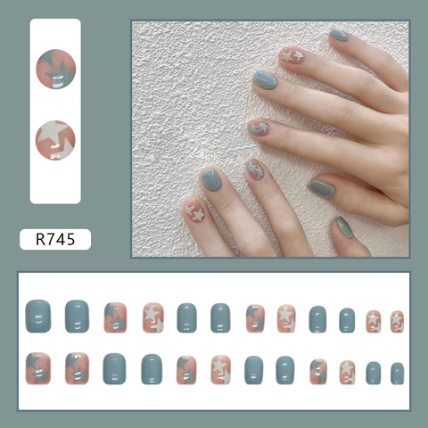 Ongles À Presser Étoiles Bleues Forme Carrée Ronde Courte Faux Ongles Pour Femmes Style Doux Simple