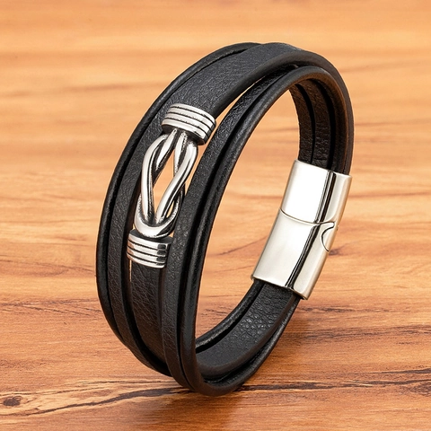 Bracciale In Pelle Intrecciata Acciaio Inossidabile Chiusura Magnetica Nodo Multistrato Gioielli Di Moda Casual Regalo Uomo Donna