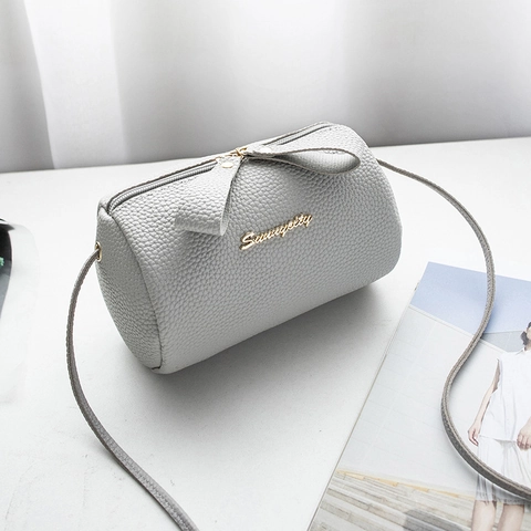 Women Korean Style Litchi Texture PU Leather Cylinder Crossbody Bag Fashion Bowknot Zipper Small Barrel Shoulder Bag