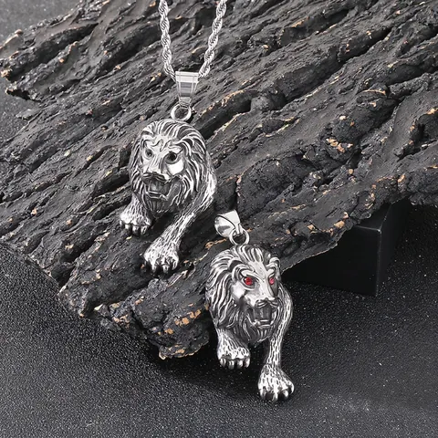Collier Pendentif Tête De Lion En Acier Inoxydable Style Punk Rock Oeil Pierre Bijoux Hommes