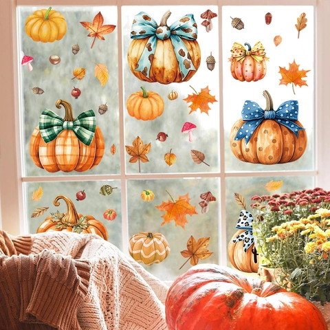 Fall Pumpkin Window Clings Watercolor Maple Leaves Mushroom Acorn Static Decals For Thanksgiving Home Glass Decor PVC