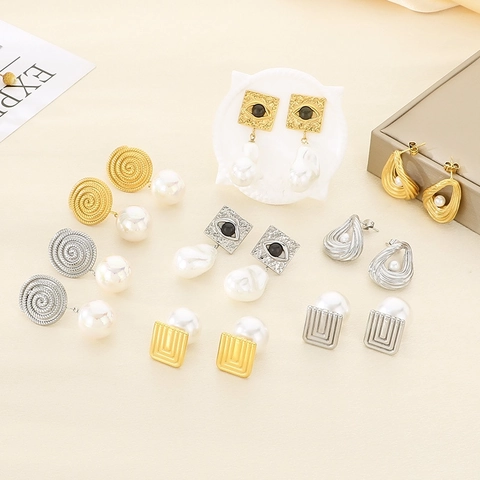 Orecchini Pendenti in Acciaio Inossidabile Con Perle Per Donna Geometrici Malocchio Quadrati Martellati Spirale Oro Argento Gioielli