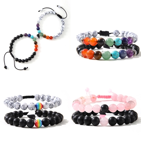 Magnetic Heart Couple Bracelets Natural Stone Beads Adjustable Cord Matching Relationship Jewelry Gift For Lovers Friends