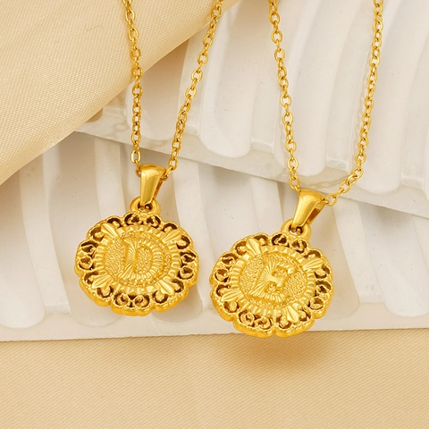 Initial Necklace Round Coin Pendant 18K Gold Plated Stainless Steel Vintage Filigree Edge Alphabet Jewelry For Women