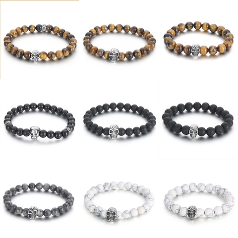 Beaded Bracelet Natural Stone Tiger Eye Agate White Turquoise Stainless Steel Skull Punk Vintage Jewelry Men Women