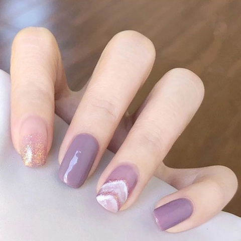 Unghie Finte Press On Viola Oro Glitter Marmo Forma A V Quadrato Rotondo Manicure Con Colla