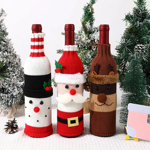 Copribottiglie Di Vino Di Natale Gnomo Babbo Natale Motivo Maglia Sacco Coulisse Decorazione Tavola Regalo