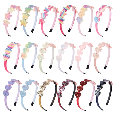 Kids Glitter Heart Star Hairband Rainbow Gradient Color Hair Hoop For Girls Cute Princess Ribbon Wrapped Headband Accessory