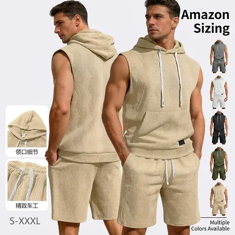 Ensemble Débardeur À Capuche Et Short Homme Texture Gaufre Été Tenue De Sport Décontractée 95% Polyester 5% Élasthanne
