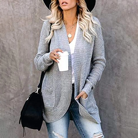 Cardigan In Maglia Da Donna Maniche Lunghe Trama A Nido D Ape Davanti Aperto Vestibilità Larga Lunghezza Media Tinta Unita Tasche