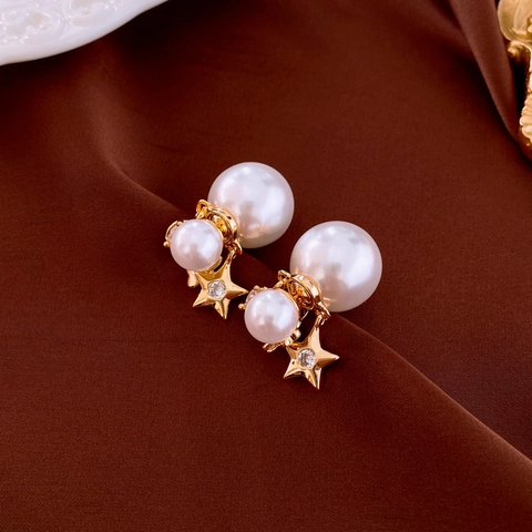 Orecchini A Lobo Künstliche Perle Doppia Faccia Stella Zircone Con Perno In Argento Sterling 925 Gioielli Vintage Oro Donna