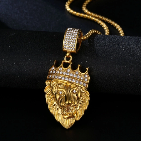 Hip Hop Lion Head Crown Pendant Necklace Titanium Steel Gold Silver Plated Rhinestone Iced Out Jewelry For Men Women Daily