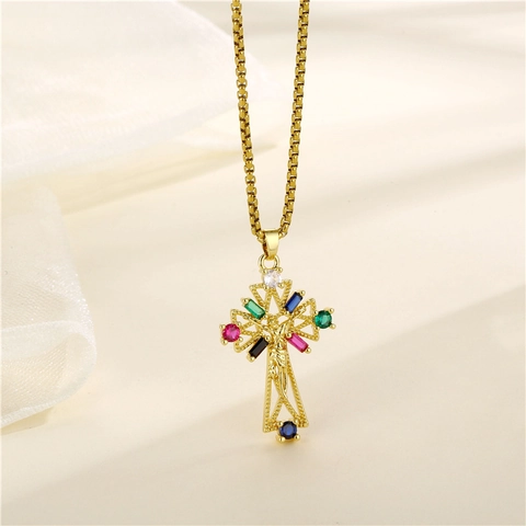 Edelstahl Kreuz Anhänger Halskette Mit Bunten Zirkonia Micro Eingelegt Jesus Kruzifix Hip Hop Schmuck