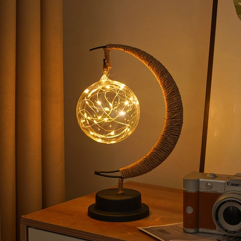 Lampe De Lune LED Veilleuse Corde De Chanvre Fer Fait Main Verre Étoile Boule Pendentif Table Décorative USB Batterie