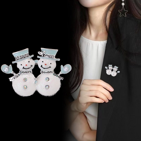 Broche de Navidad de Doble Muñeco de Nieve Esmalte Brillo Aleación de Zinc Strass Perla Artificial Sintética Joyería de Invierno Regalo Mujer