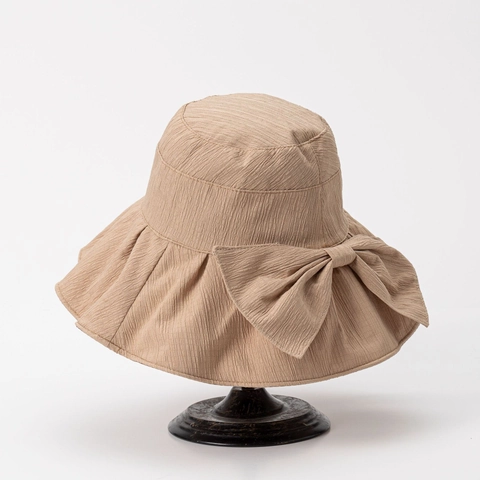 Wide Brim Bucket Hat Women UV Protection Crinkle Fabric Sun Hat With Large Bow Elegant Summer Vacation Fisherman Hat