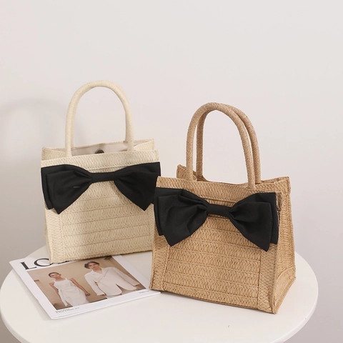 Woven Straw Handbag Large Fabric Bow Decoration Summer Beach Vacation Square Handheld Tote Bag For Women