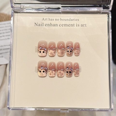 Uñas Postizas Hechas A Mano Ojo De Gato Degradado Rosa Melocotón Punta Francesa Con Lazo De Perlas Artificiales Estilo Dulce Para Mujeres