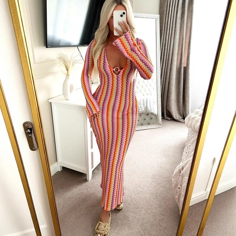 Women Zigzag Muster Strick Maxi Kleid Tiefer V Ausschnitt Langarm Schlank Passform Böhmischen Retro Stil Resort Lange Kleider