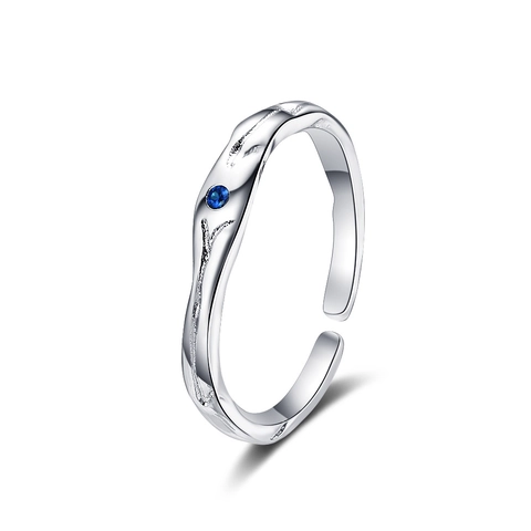 Geometric Texture Open Ring Copper With Blue Zircon Adjustable Minimalist Korean Style Finger Jewelry For Women