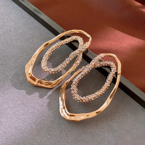 Alloy Rhinestone Earrings With Silver Earring Post Double Layer Irregular Geometric Oval Hollow Gold Elegant Women Jewelry