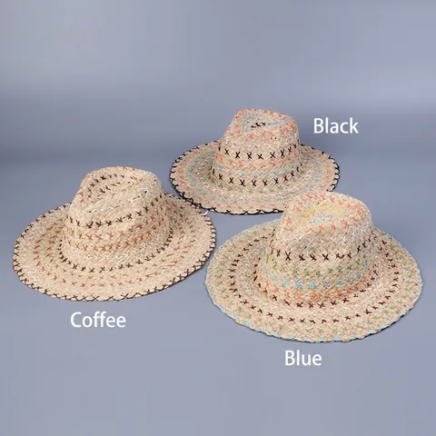 Cappello Di Paglia In Rafia Fedora Per Donna Cuciture A X Colorate Intrecciato A Mano Tesa Larga Spiaggia Estate Boho