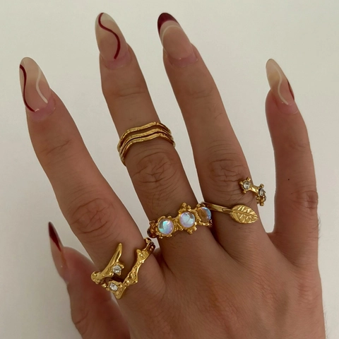 Vintage Open Adjustable Ring 316L Stainless Steel 18K Gold Plated Moonstone Zircon Leaf Branch Wave Geometric For Women