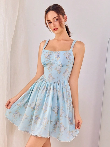 Floral Print Mini Dress Polyester Backless Criss Cross Tie Up Adjustable Straps Sweetheart Neck Lace Trim Summer Women