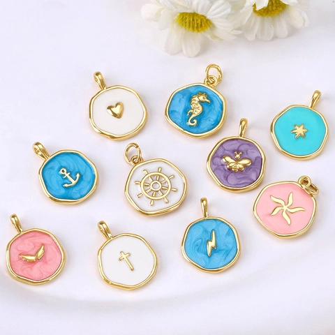 Gold Plated Copper Enamel Charms For Jewelry Making DIY Heart Cross Bee Seahorse Anchor Macaron Color Pendant Accessory