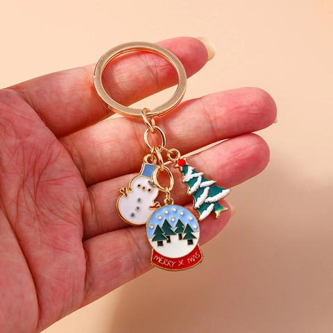 Christmas Snowman Tree Crystal Ball Enamel Keychain Gold Alloy Festive Holiday Bag Hanging Ornament Pendant